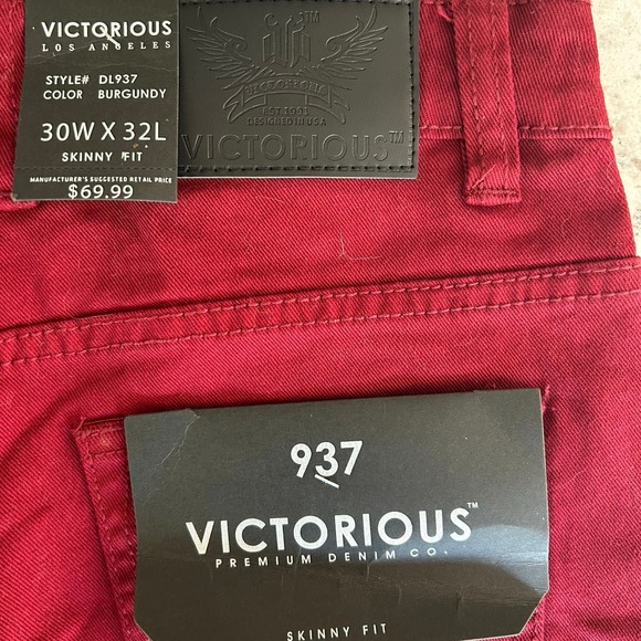 Victorious premium Jeans- size 30W x 32L-skinny fit burgundy‎ denim NEW - Picture 2 of 4